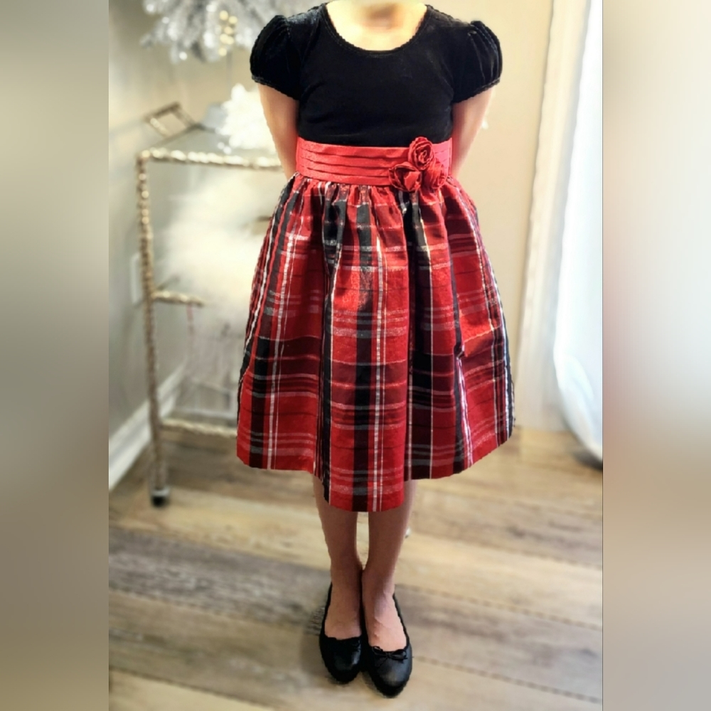 Girl's Bonnie Jean red, black, silver plaid holiday velvet taffeta dress Sz 6X - Picture 2 of 11